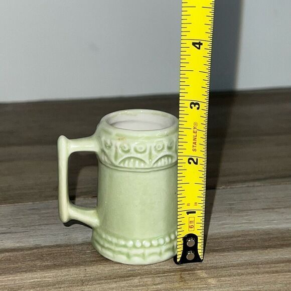 Original Vtg Mini Vase Green Ceramic Pottery Pitcher Toothpick Holder Marked - Picture 2 of 8